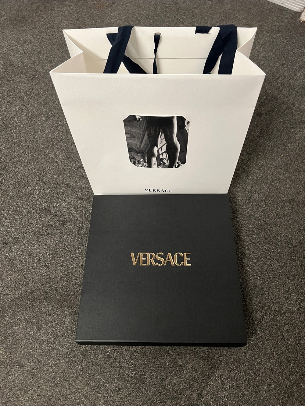 Versace Black Box with Gold Logo and White Shopping Bag